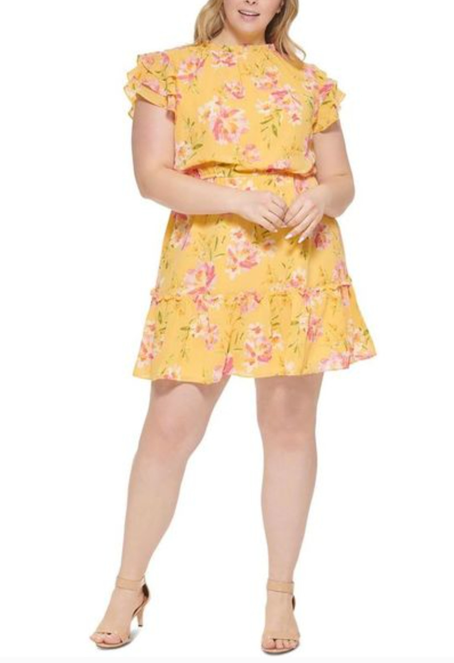 Vince Camuto Women's Yellow Floral Fit & Flare Chiffon Dress Plus Size 16W New